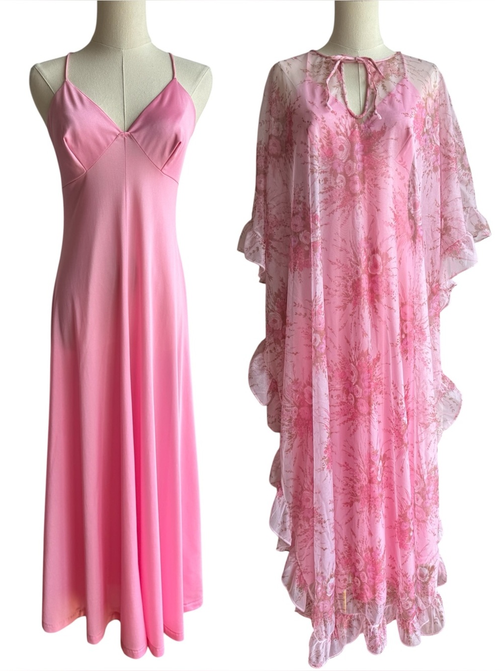 Dramatic 70s Floral Peignoir Set Sz M  Hostess Robe Nightgown Vintage Slip Dress